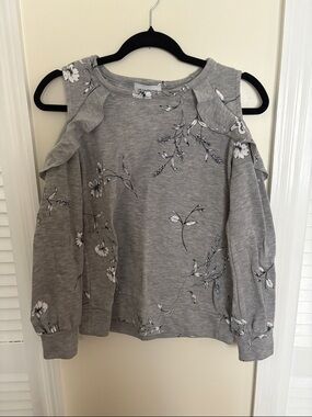 Liz Claiborne Gray Floral Cold-Shoulder Ruffle Sweater